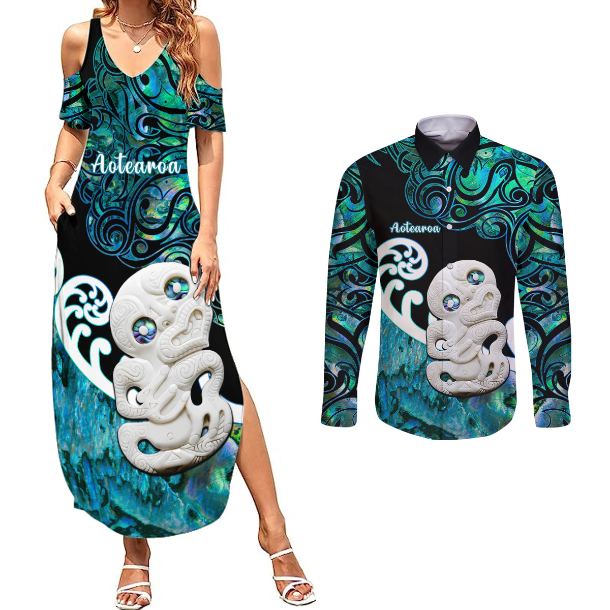 Aotearoa New Zealand Couples Matching Summer Maxi Dress and Long Sleeve Button Shirts Paua Shell Fern Koru With Maori Hei Tiki LT05 Green - Polynesian Pride