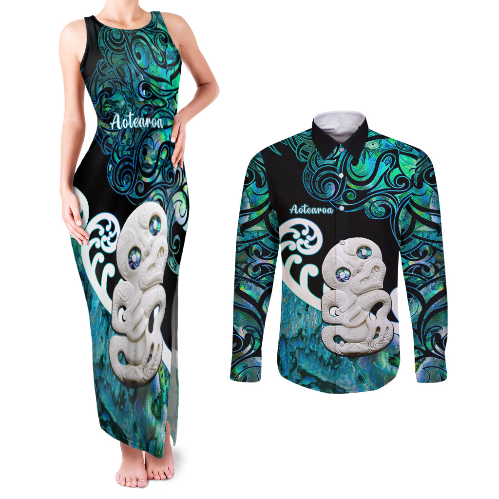 Aotearoa New Zealand Couples Matching Tank Maxi Dress and Long Sleeve Button Shirts Paua Shell Fern Koru With Maori Hei Tiki LT05 Green - Polynesian Pride