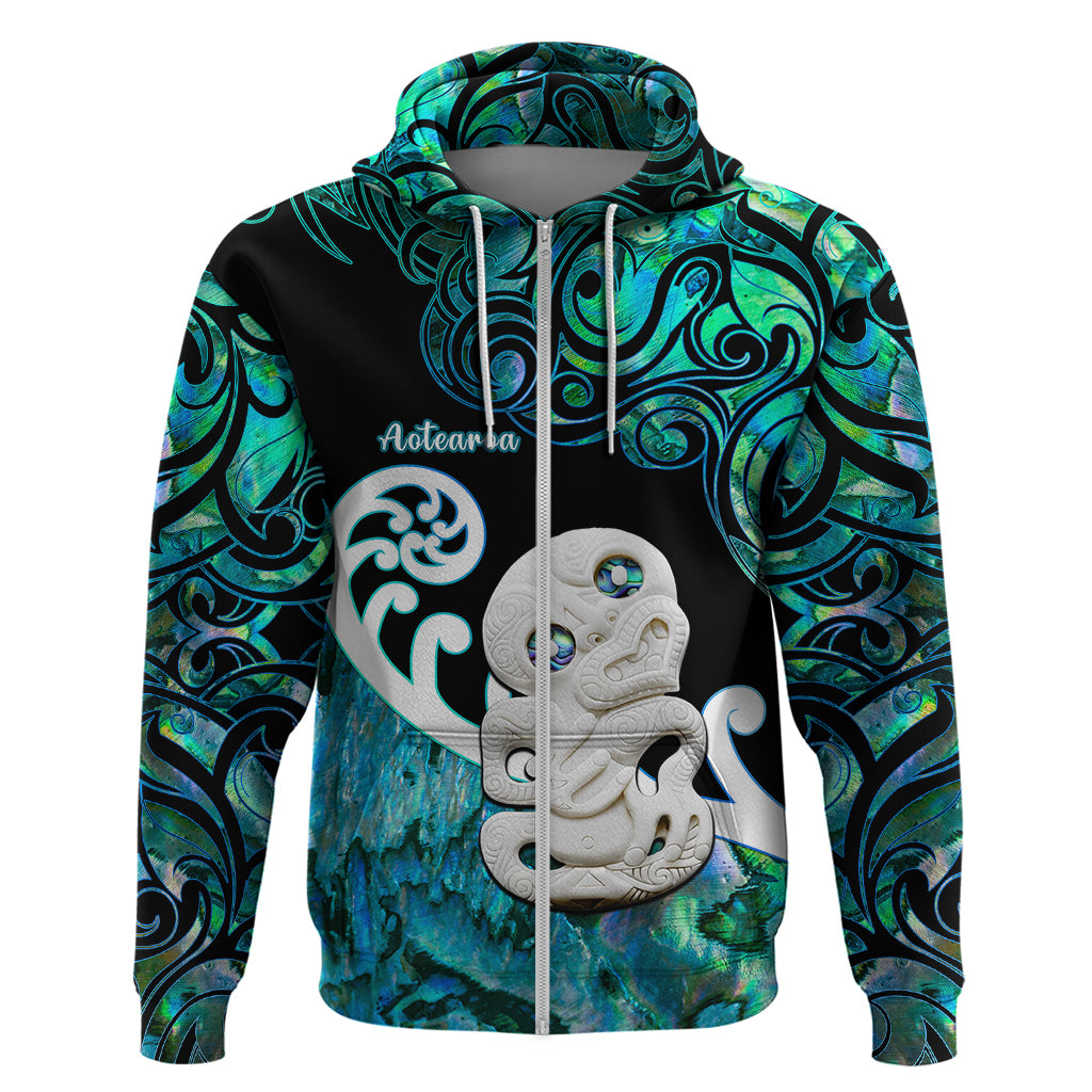Aotearoa New Zealand Hoodie Paua Shell Fern Koru With Maori Hei Tiki LT05 Zip Hoodie Green - Polynesian Pride