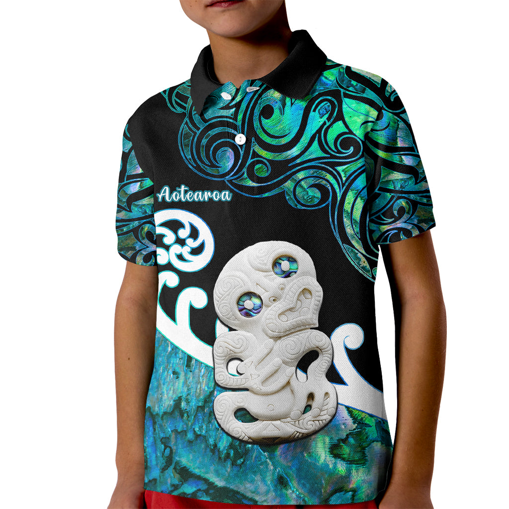 Aotearoa New Zealand Kid Polo Shirt Paua Shell Fern Koru With Maori Hei Tiki LT05 Kid Green - Polynesian Pride