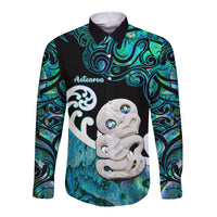 Aotearoa New Zealand Long Sleeve Button Shirt Paua Shell Fern Koru With Maori Hei Tiki LT05 Unisex Green - Polynesian Pride