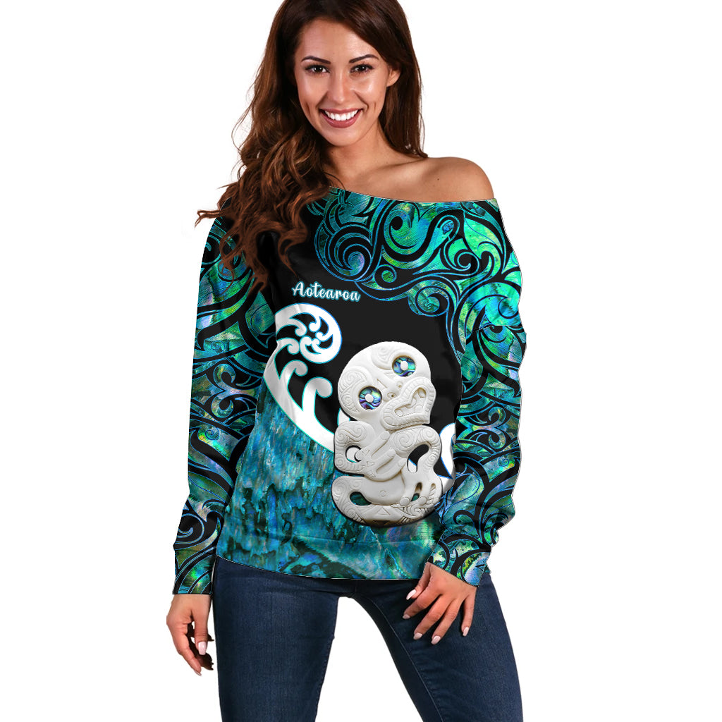 Aotearoa New Zealand Off Shoulder Sweater Paua Shell Fern Koru With Maori Hei Tiki LT05 Women Green - Polynesian Pride