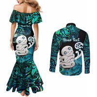Personalized Aotearoa New Zealand Couples Matching Mermaid Dress and Long Sleeve Button Shirts Paua Shell Fern Koru With Maori Hei Tiki LT05 - Polynesian Pride