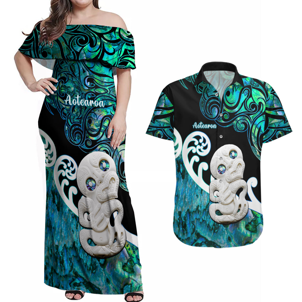 Personalized Aotearoa New Zealand Couples Matching Off Shoulder Maxi Dress and Hawaiian Shirt Paua Shell Fern Koru With Maori Hei Tiki LT05 Green - Polynesian Pride