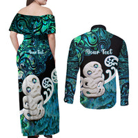 Personalized Aotearoa New Zealand Couples Matching Off Shoulder Maxi Dress and Long Sleeve Button Shirts Paua Shell Fern Koru With Maori Hei Tiki LT05 - Polynesian Pride