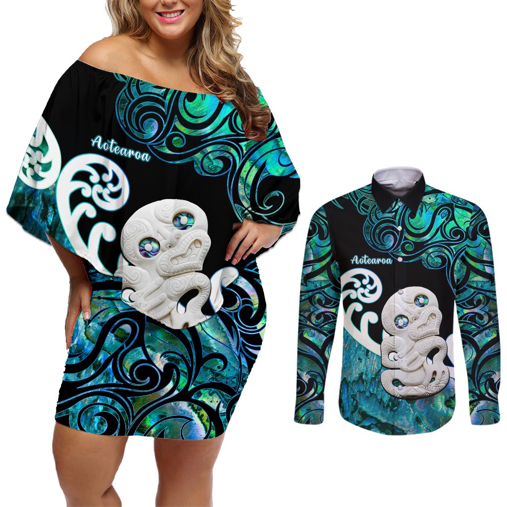 Personalized Aotearoa New Zealand Couples Matching Off Shoulder Short Dress and Long Sleeve Button Shirts Paua Shell Fern Koru With Maori Hei Tiki LT05 Green - Polynesian Pride