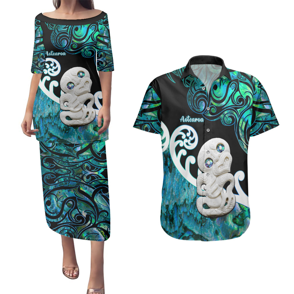 Personalized Aotearoa New Zealand Couples Matching Puletasi Dress and Hawaiian Shirt Paua Shell Fern Koru With Maori Hei Tiki LT05 Green - Polynesian Pride