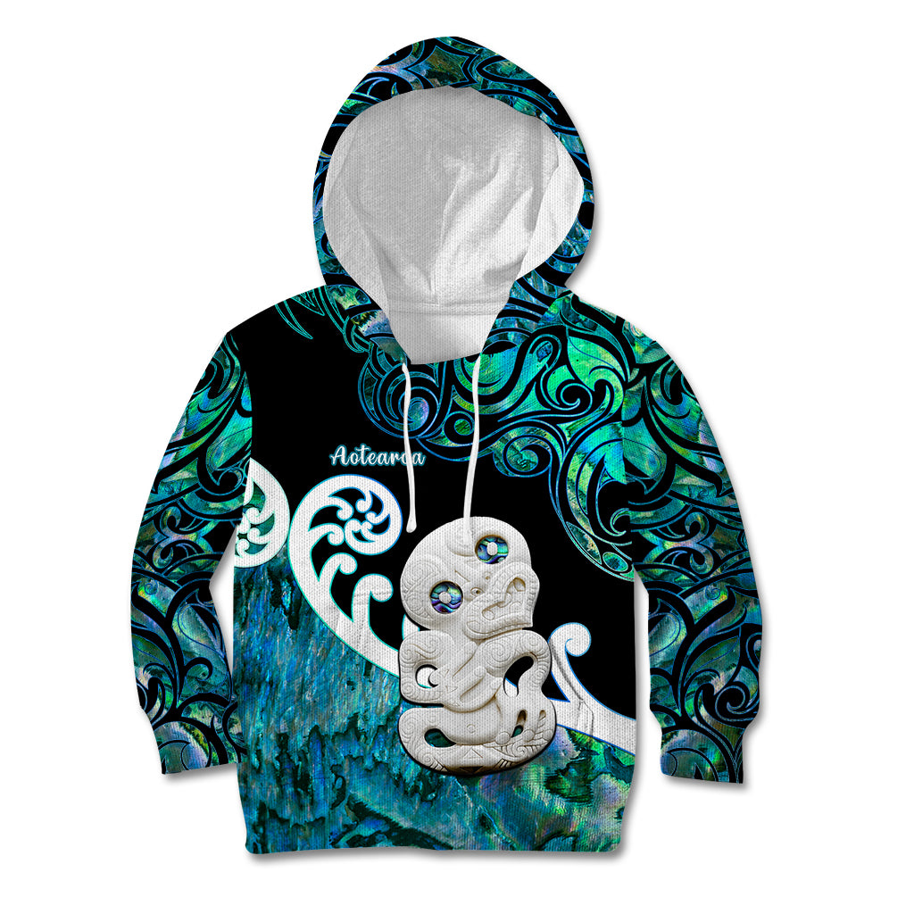 Personalized Aotearoa New Zealand Kid Hoodie Paua Shell Fern Koru With Maori Hei Tiki LT05 Hoodie Green - Polynesian Pride