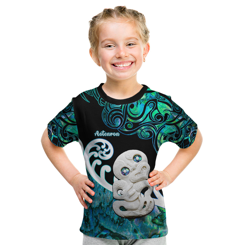 Personalized Aotearoa New Zealand Kid T Shirt Paua Shell Fern Koru With Maori Hei Tiki LT05 Green - Polynesian Pride