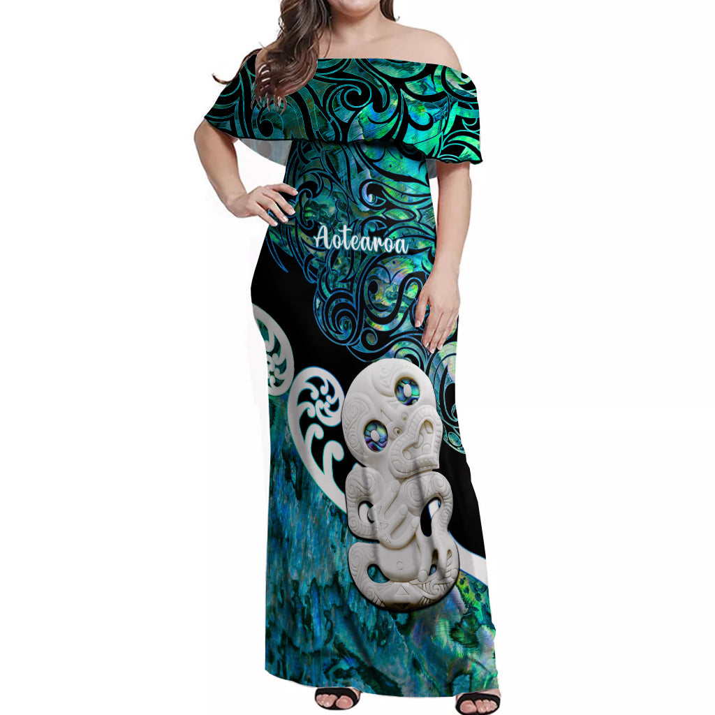 Personalized Aotearoa New Zealand Off Shoulder Maxi Dress Paua Shell Fern Koru With Maori Hei Tiki LT05 Women Green - Polynesian Pride