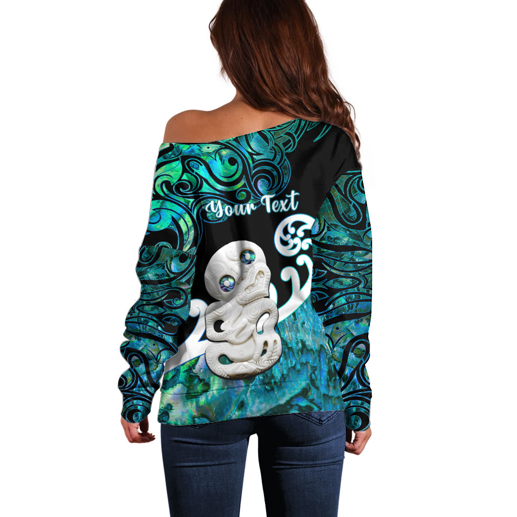 Personalized Aotearoa New Zealand Off Shoulder Sweater Paua Shell Fern Koru With Maori Hei Tiki LT05 - Polynesian Pride