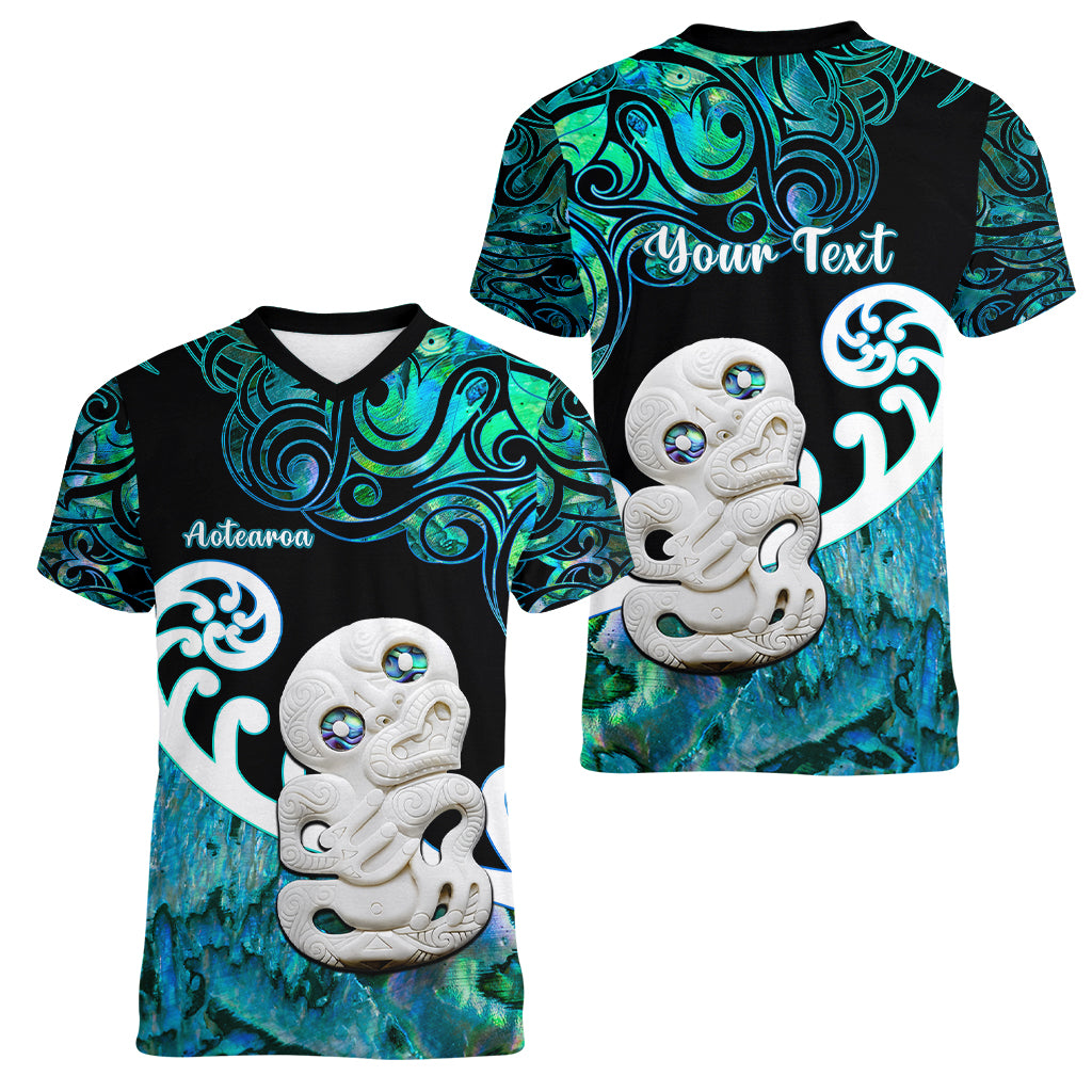 Personalized Aotearoa New Zealand Women V Neck T Shirt Paua Shell Fern Koru With Maori Hei Tiki LT05 - Polynesian Pride