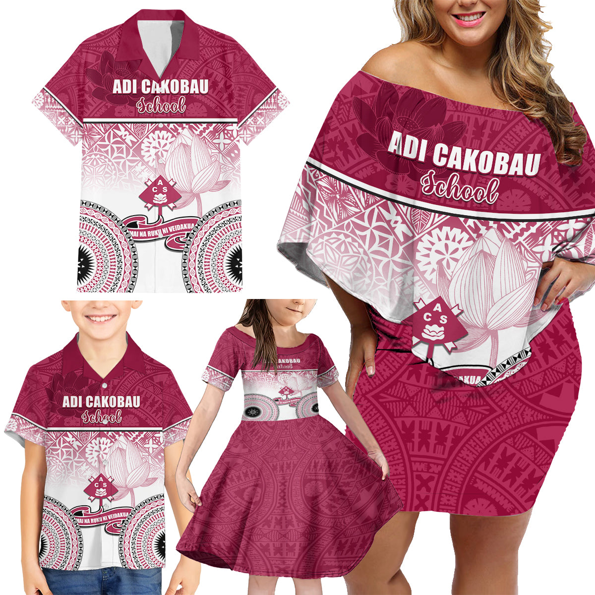 Personalized Adi Cakobau School Family Matching Off Shoulder Short Dress and Hawaiian Shirt With Fijian Tapa Pattern LT05 - Polynesian Pride