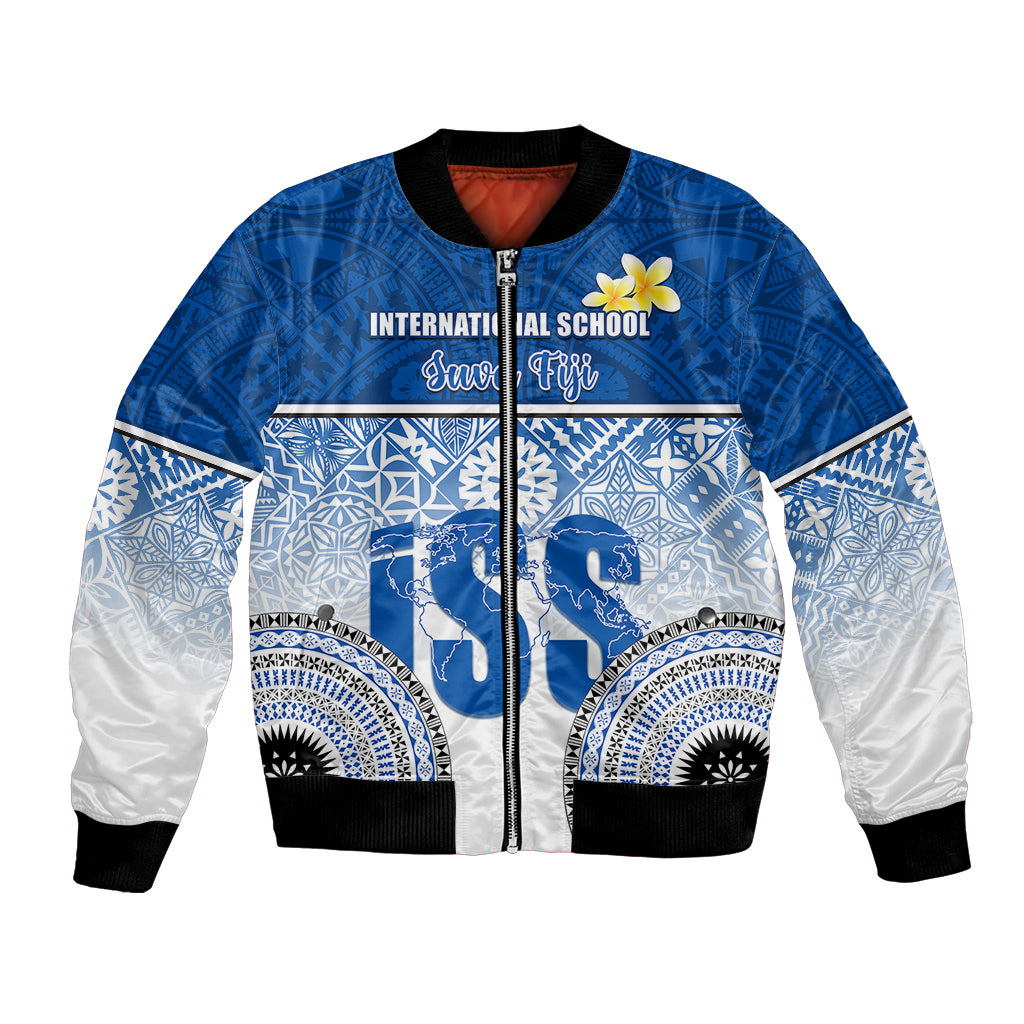 Personalized International School Suva Bomber Jacket With Fijian Tapa Pattern LT05 Unisex Blue - Polynesian Pride