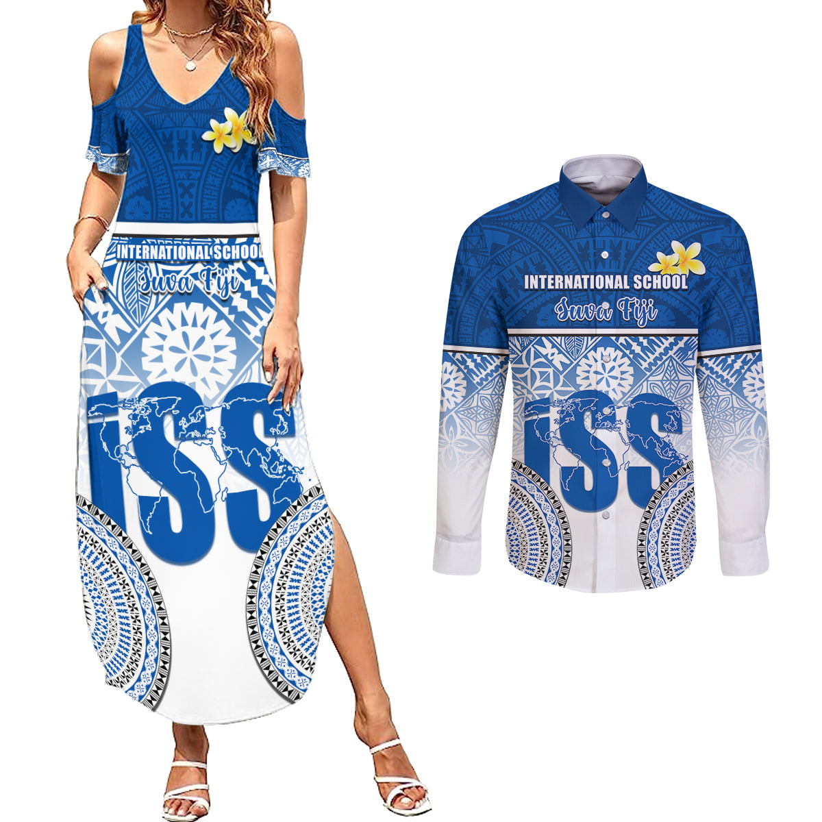 personalized-international-school-suva-couples-matching-summer-maxi-dress-and-long-sleeve-button-shirts-with-fijian-tapa-pattern