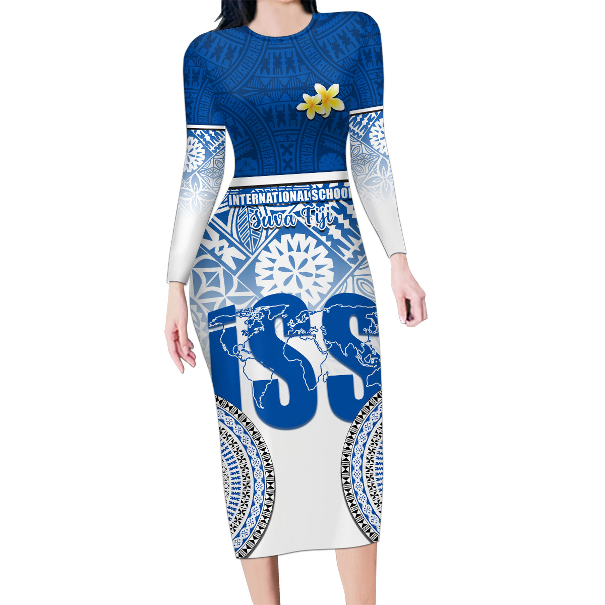 Personalized International School Suva Family Matching Long Sleeve Bodycon Dress and Hawaiian Shirt With Fijian Tapa Pattern LT05 Mom's Dress Blue - Polynesian Pride