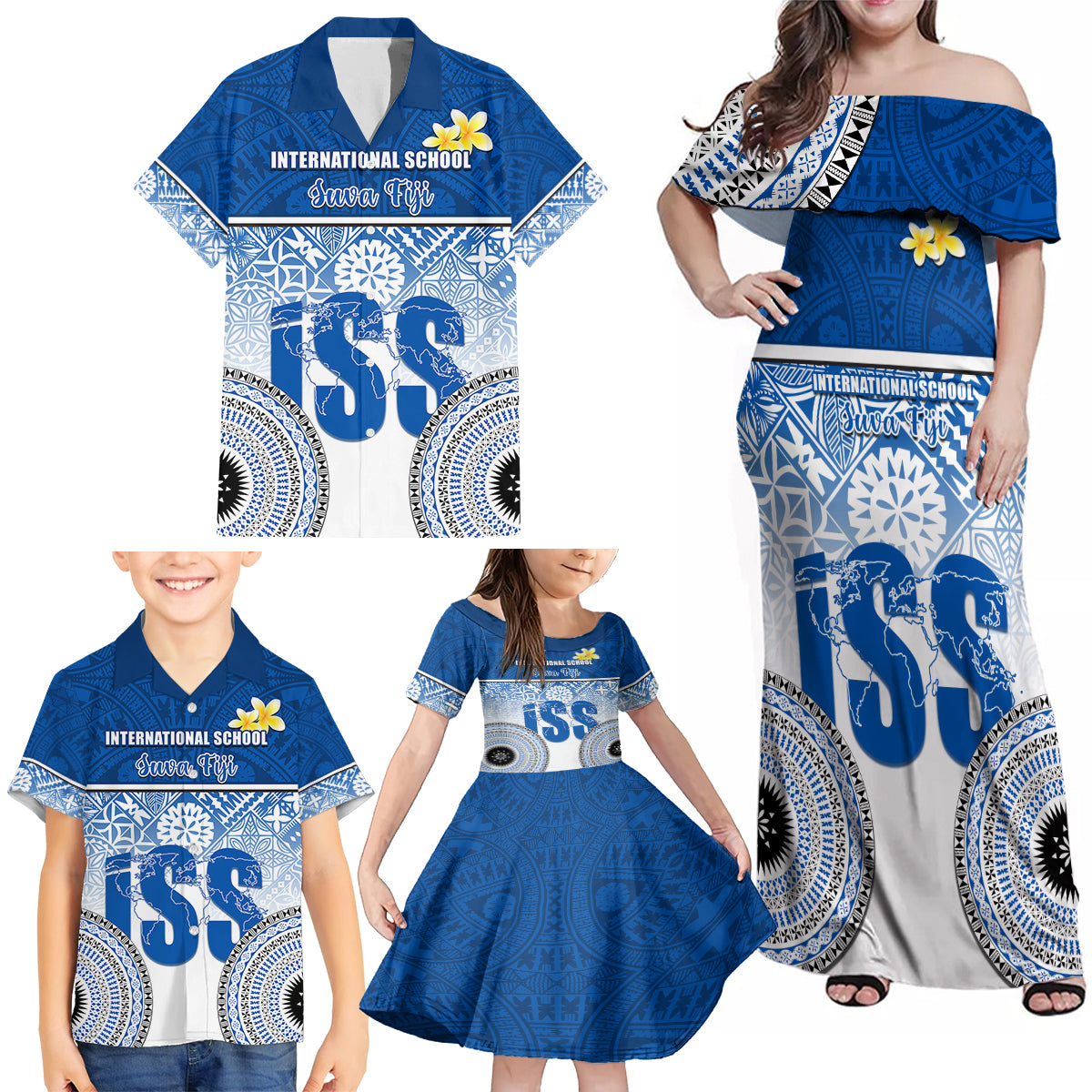 Personalized International School Suva Family Matching Off Shoulder Maxi Dress and Hawaiian Shirt With Fijian Tapa Pattern LT05 - Polynesian Pride