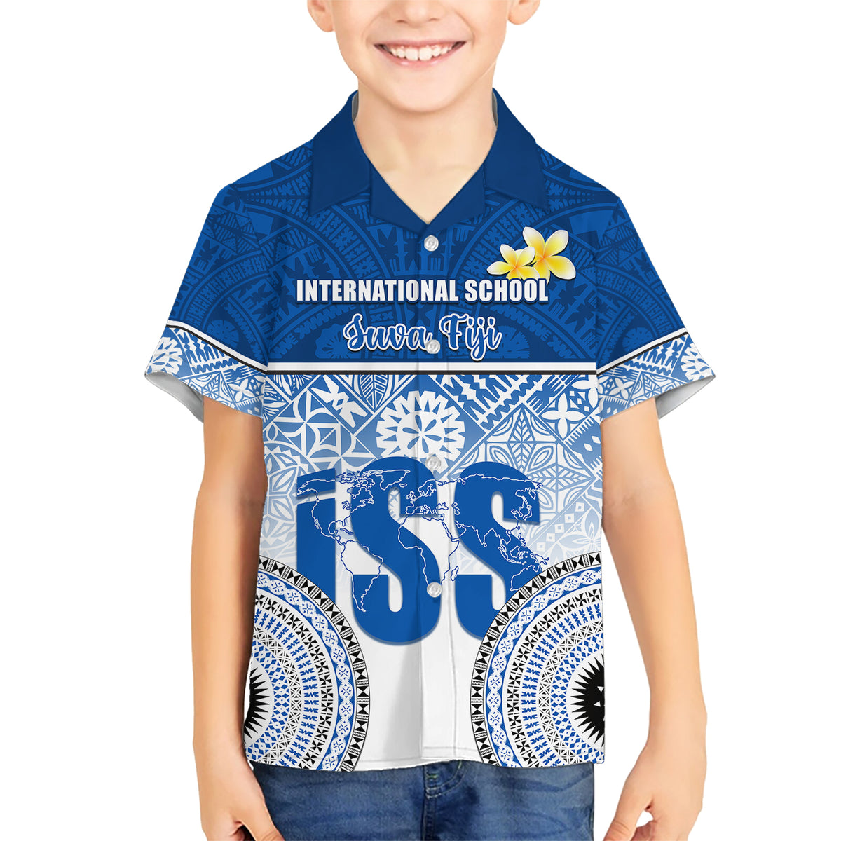 Personalized International School Suva Family Matching Short Sleeve Bodycon Dress and Hawaiian Shirt With Fijian Tapa Pattern LT05 Son's Shirt Blue - Polynesian Pride