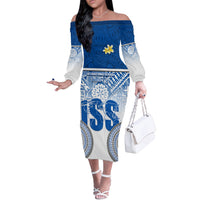 Personalized International School Suva Off The Shoulder Long Sleeve Dress With Fijian Tapa Pattern LT05 Women Blue - Polynesian Pride