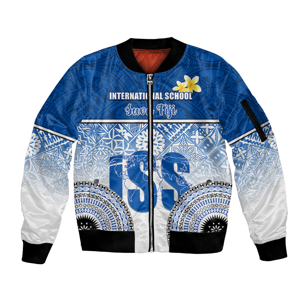 Personalized International School Suva Sleeve Zip Bomber Jacket With Fijian Tapa Pattern LT05 Unisex Blue - Polynesian Pride