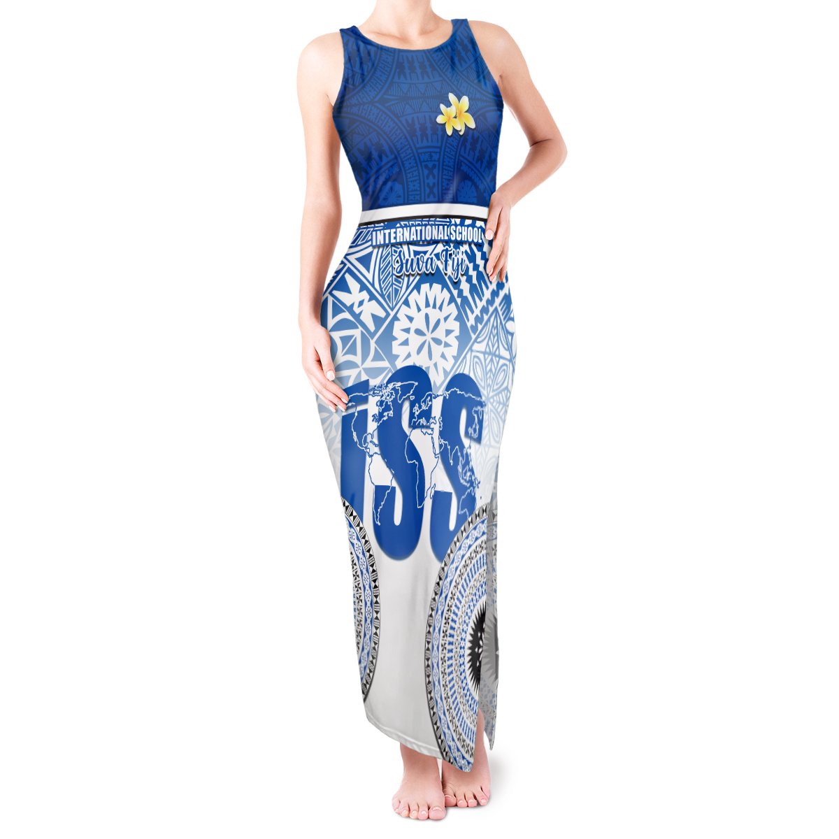 Personalized International School Suva Tank Maxi Dress With Fijian Tapa Pattern LT05 Women Blue - Polynesian Pride