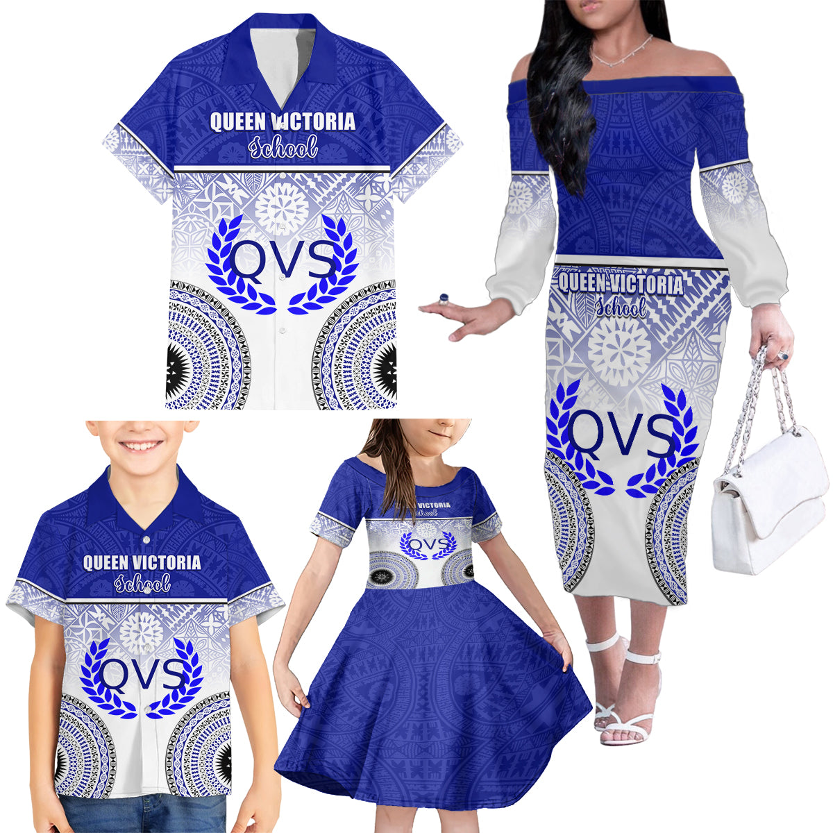 Personalized Queen Victoria School Family Matching Off Shoulder Long Sleeve Dress and Hawaiian Shirt With Fijian Tapa Pattern LT05 - Polynesian Pride