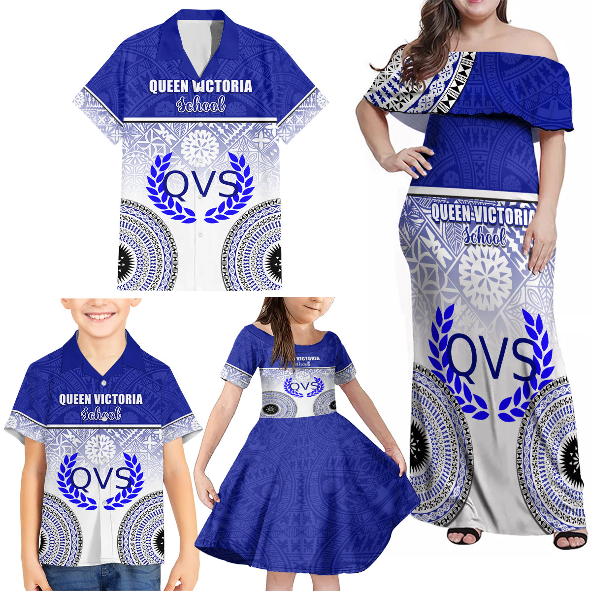 Personalized Queen Victoria School Family Matching Off Shoulder Maxi Dress and Hawaiian Shirt With Fijian Tapa Pattern LT05 - Polynesian Pride