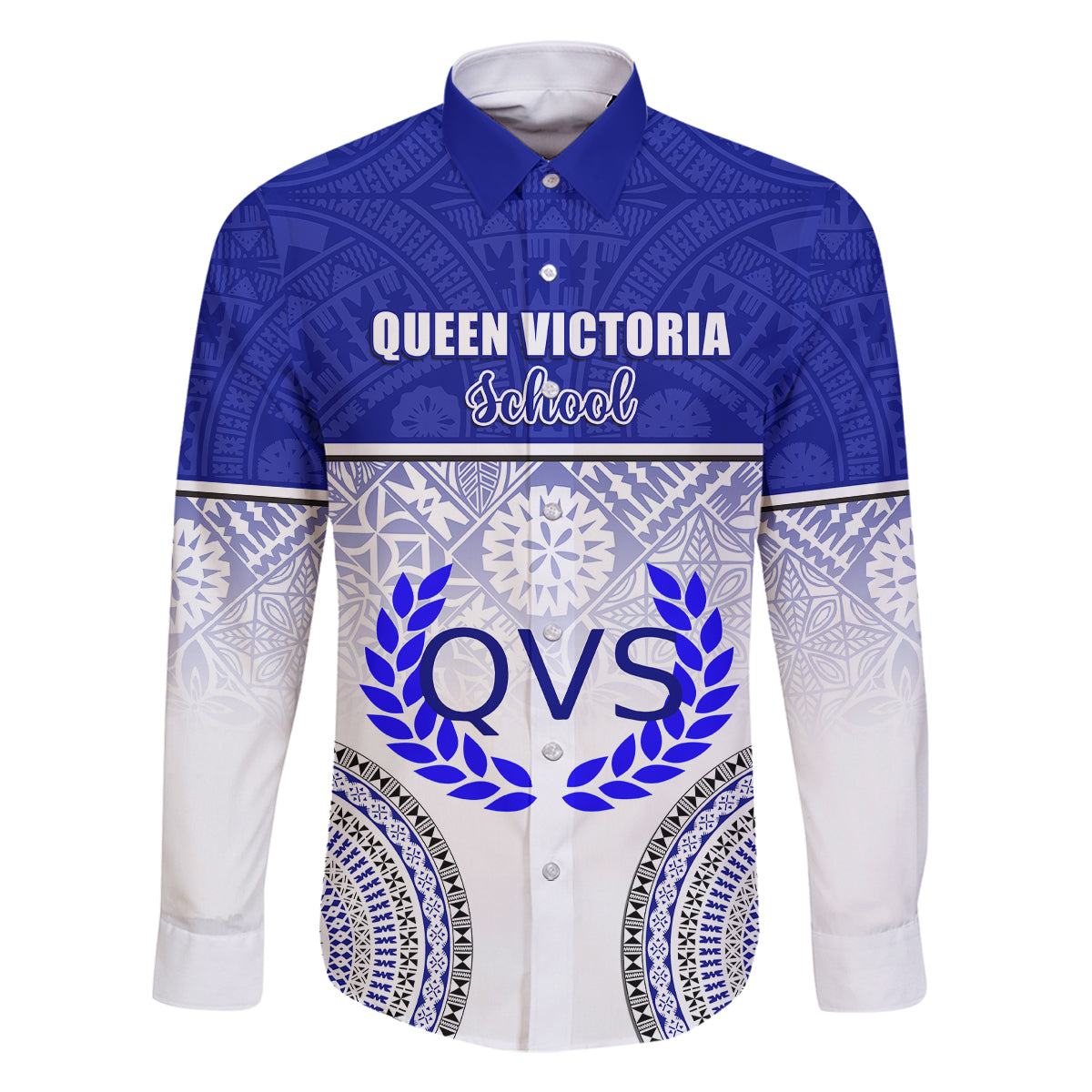 Personalized Queen Victoria School Family Matching Off Shoulder Maxi Dress and Hawaiian Shirt With Fijian Tapa Pattern LT05 Dad's Shirt - Long Sleeve Blue - Polynesian Pride