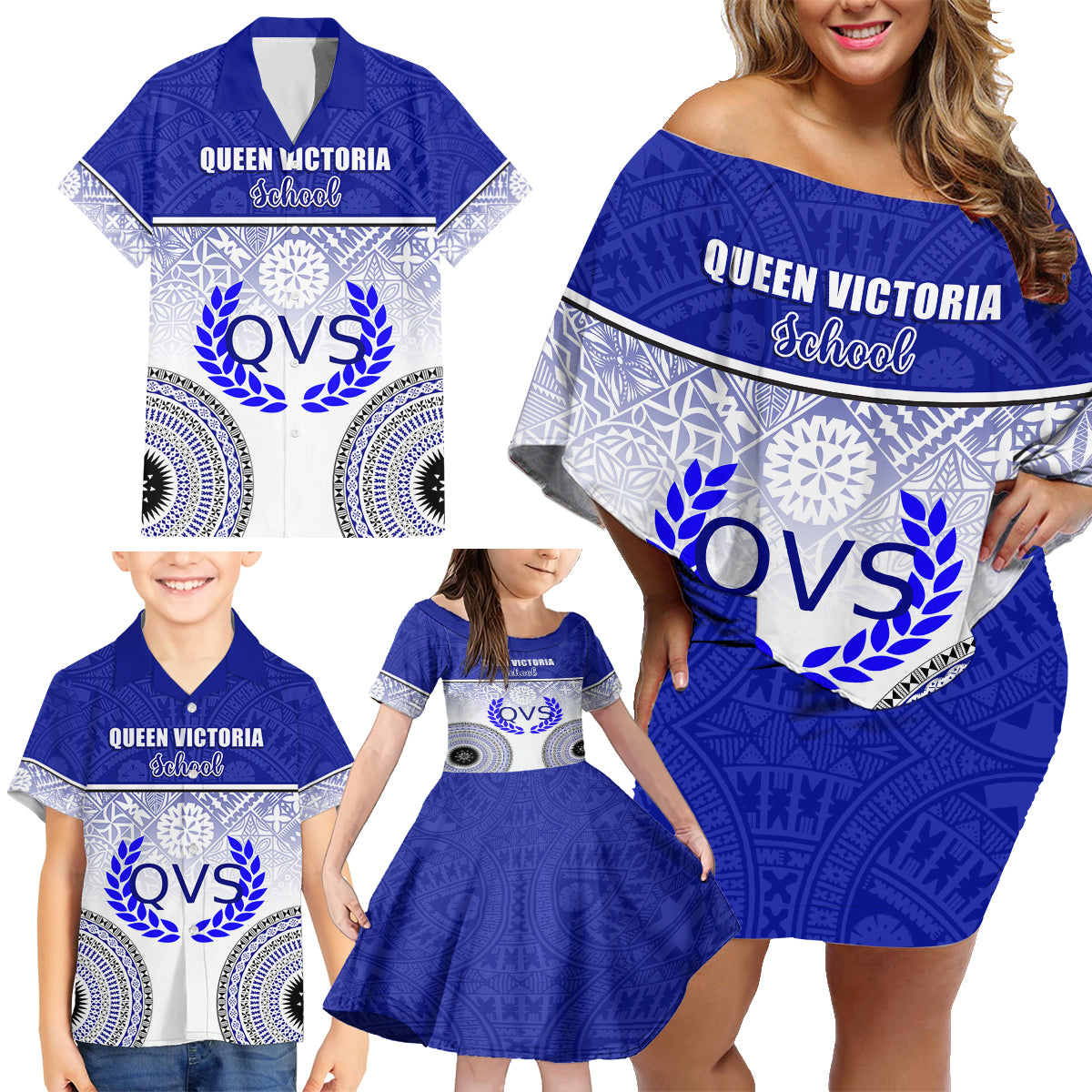 Personalized Queen Victoria School Family Matching Off Shoulder Short Dress and Hawaiian Shirt With Fijian Tapa Pattern LT05 - Polynesian Pride