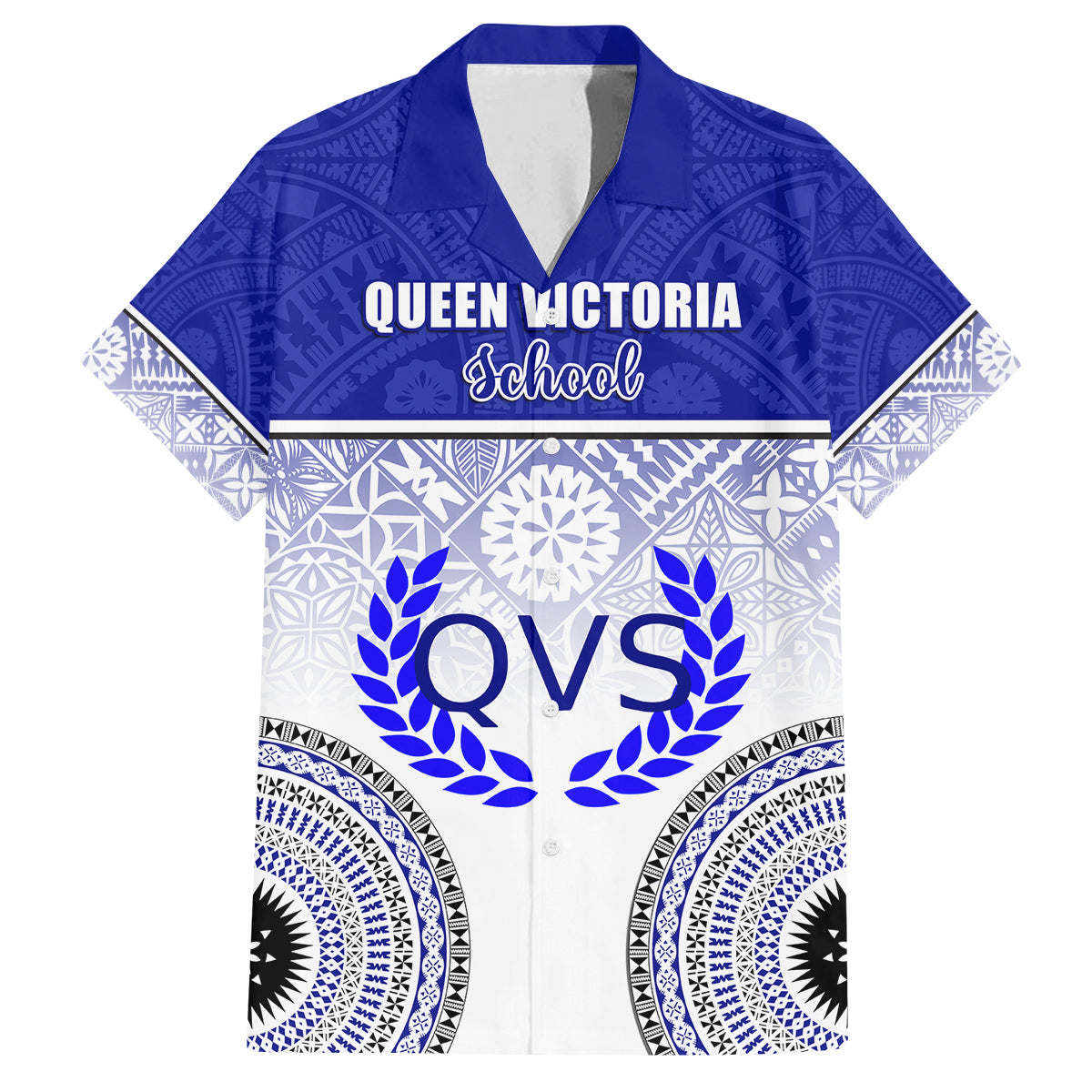 Personalized Queen Victoria School Family Matching Puletasi Dress and Hawaiian Shirt With Fijian Tapa Pattern LT05 Dad's Shirt - Short Sleeve Blue - Polynesian Pride