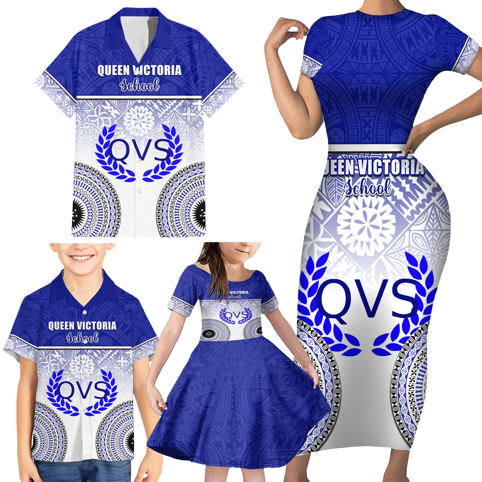 Personalized Queen Victoria School Family Matching Short Sleeve Bodycon Dress and Hawaiian Shirt With Fijian Tapa Pattern LT05 - Polynesian Pride