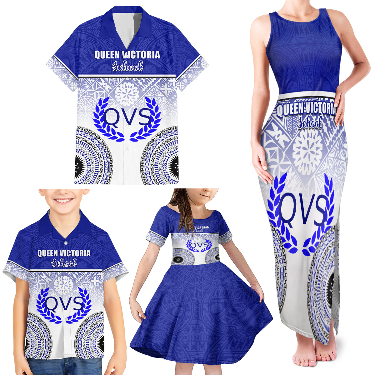 Personalized Queen Victoria School Family Matching Tank Maxi Dress and Hawaiian Shirt With Fijian Tapa Pattern LT05 - Polynesian Pride