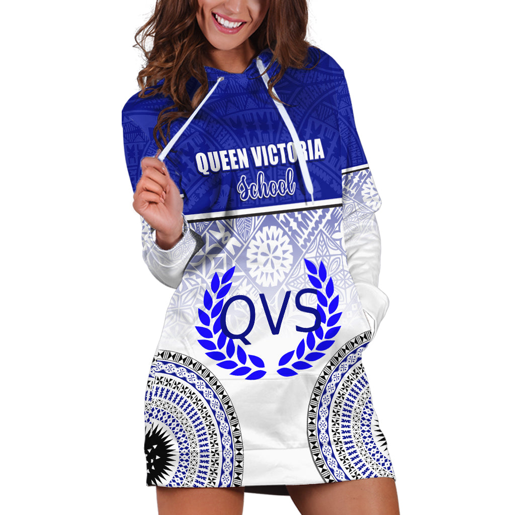 Personalized Queen Victoria School Hoodie Dress With Fijian Tapa Pattern LT05 Blue - Polynesian Pride