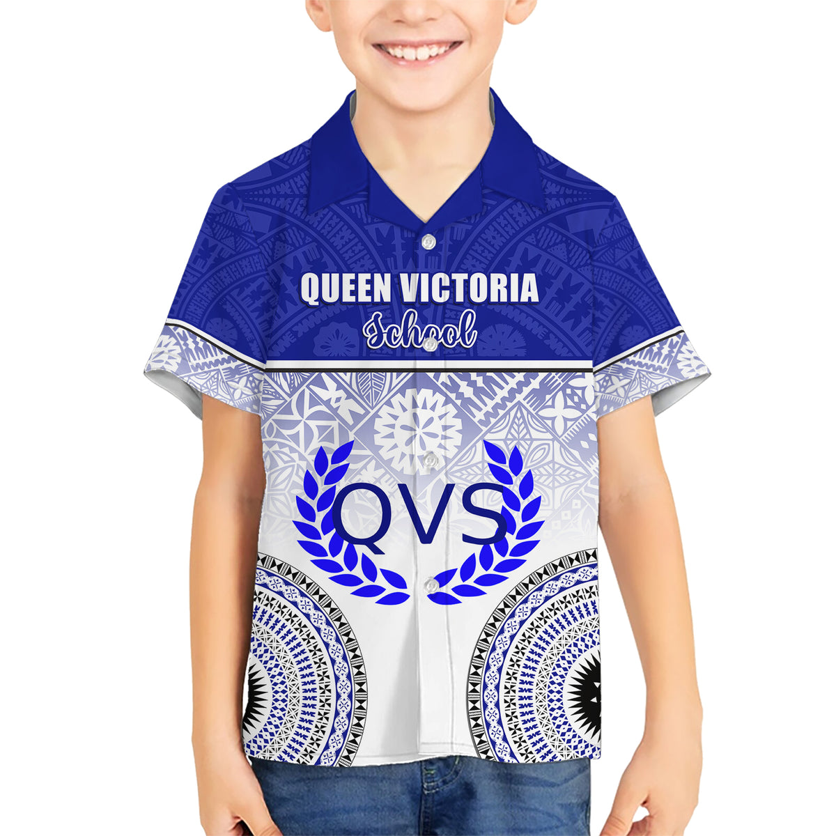 Personalized Queen Victoria School Kid Hawaiian Shirt With Fijian Tapa Pattern LT05 Kid Blue - Polynesian Pride