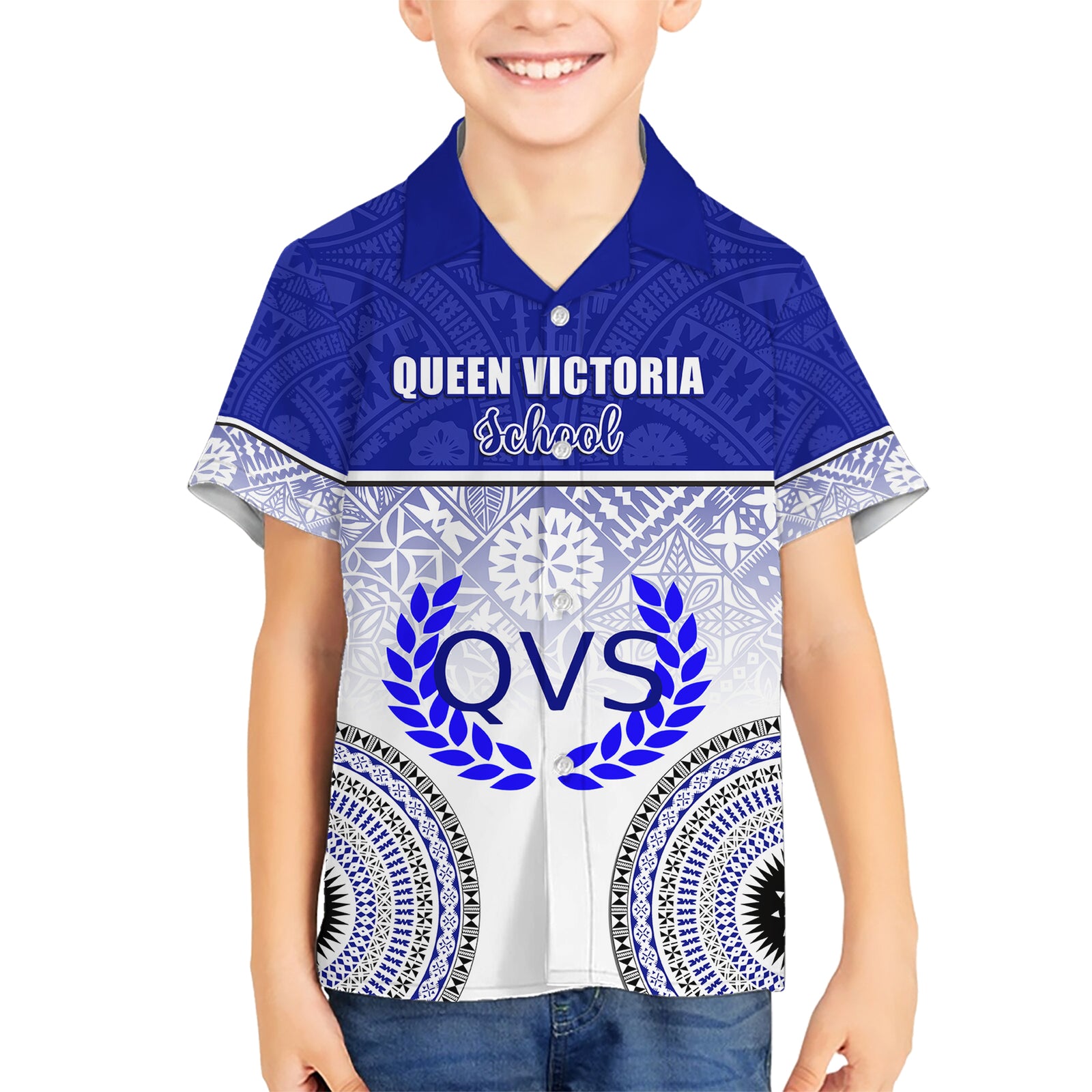 Personalized Queen Victoria School Kid Hawaiian Shirt With Fijian Tapa Pattern LT05 Kid Blue - Polynesian Pride