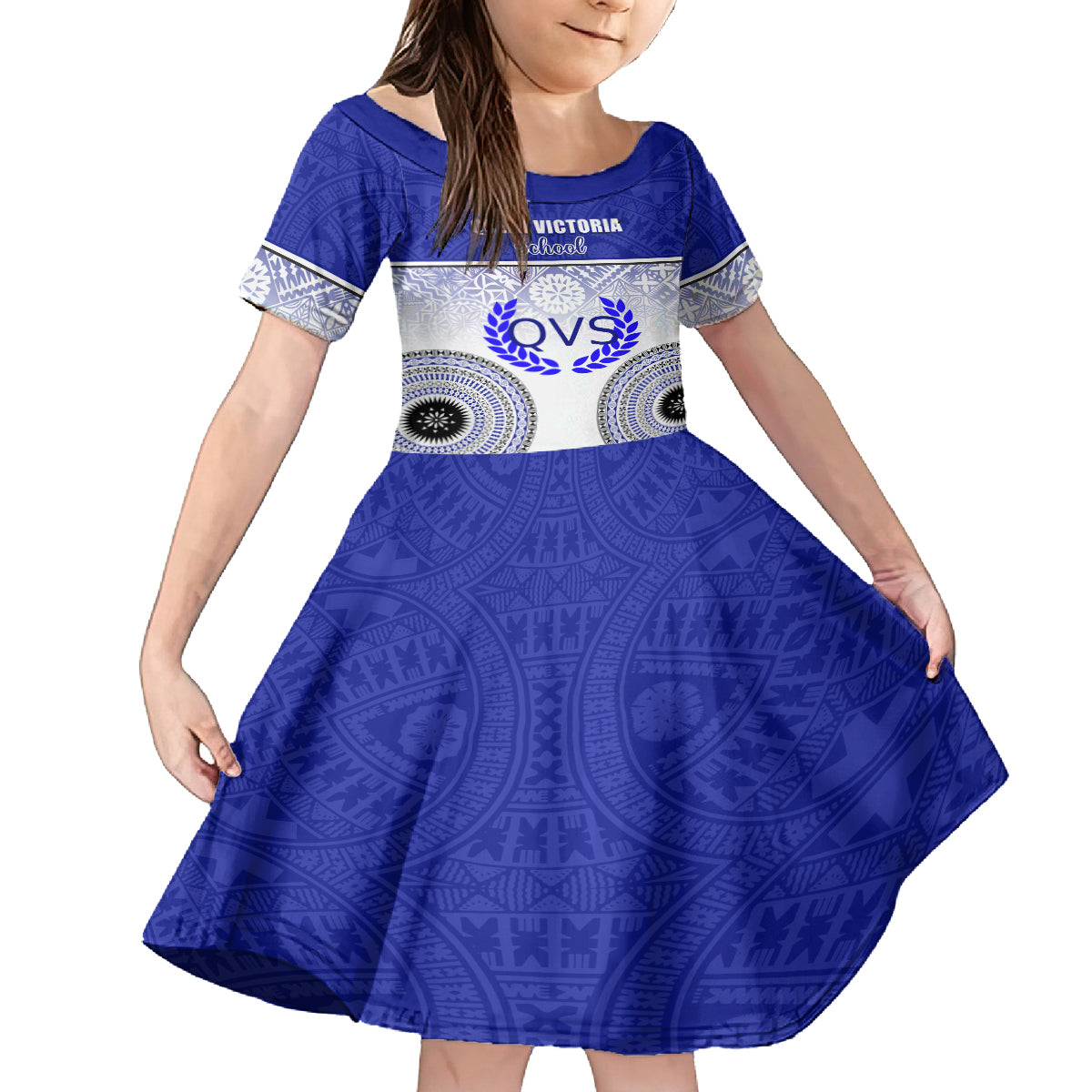 Personalized Queen Victoria School Kid Short Sleeve Dress With Fijian Tapa Pattern LT05 KID Blue - Polynesian Pride