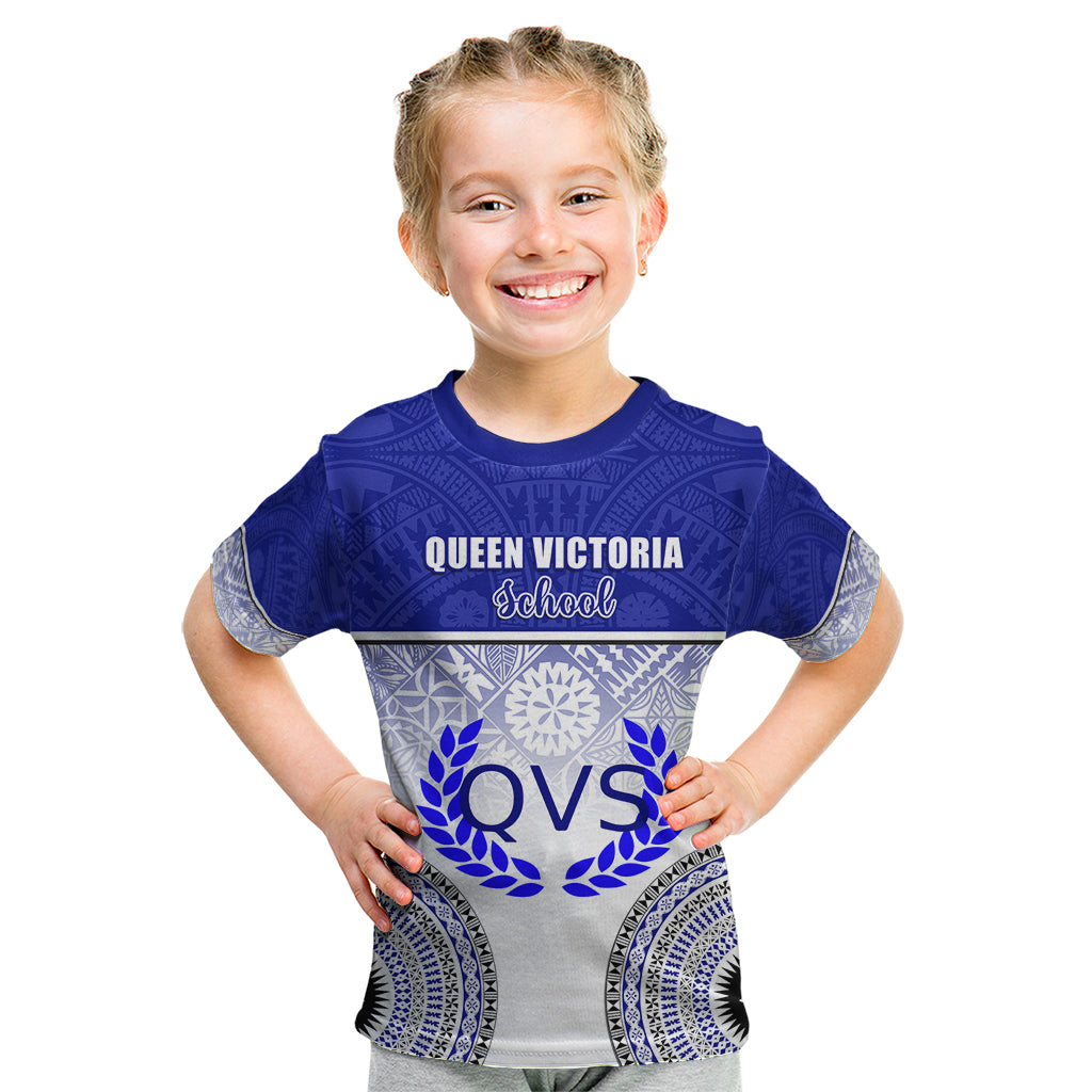 Personalized Queen Victoria School Kid T Shirt With Fijian Tapa Pattern LT05 Blue - Polynesian Pride