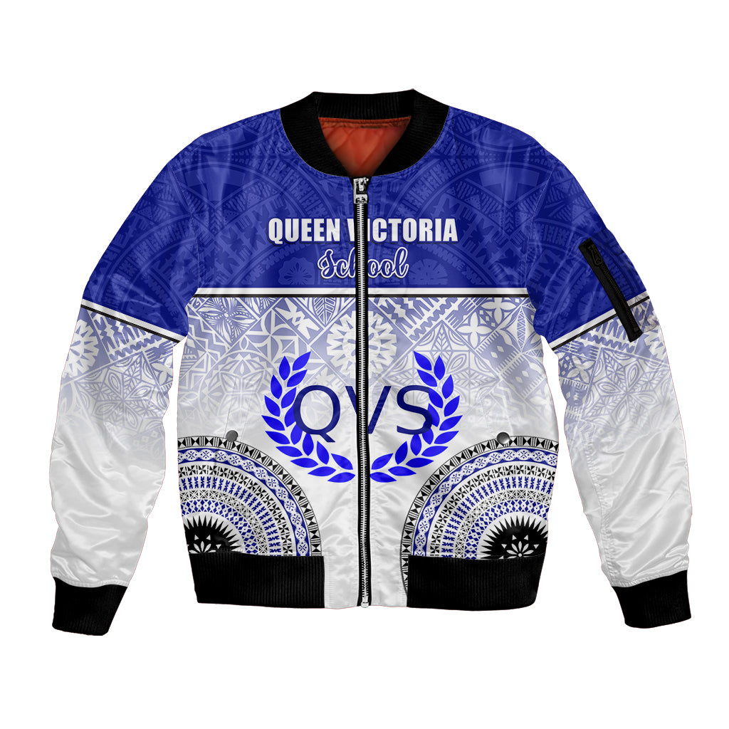 Personalized Queen Victoria School Sleeve Zip Bomber Jacket With Fijian Tapa Pattern LT05 Unisex Blue - Polynesian Pride