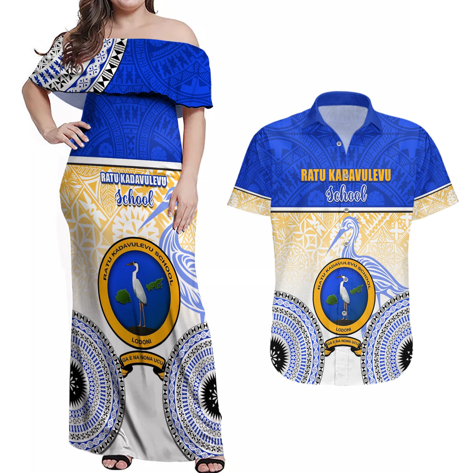 Personalized Ratu Kadavulevu School Couples Matching Off Shoulder Maxi Dress and Hawaiian Shirt With Fijian Tapa Pattern LT05 Blue - Polynesian Pride