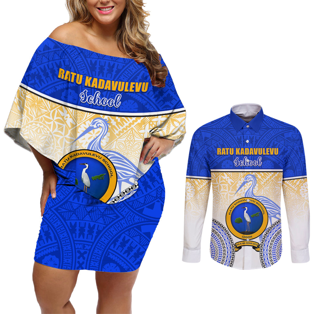 Personalized Ratu Kadavulevu School Couples Matching Off Shoulder Short Dress and Long Sleeve Button Shirts With Fijian Tapa Pattern LT05 Blue - Polynesian Pride