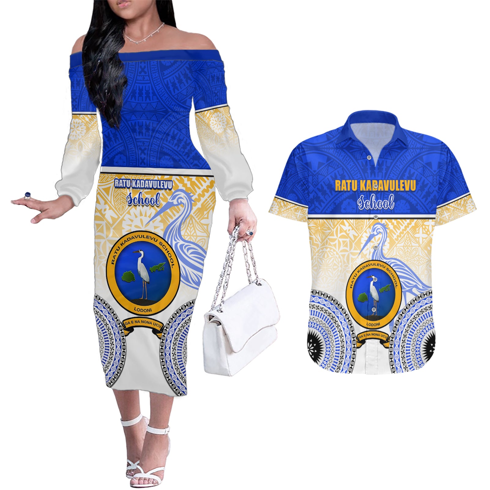 Personalized Ratu Kadavulevu School Couples Matching Off The Shoulder Long Sleeve Dress and Hawaiian Shirt With Fijian Tapa Pattern LT05 Blue - Polynesian Pride