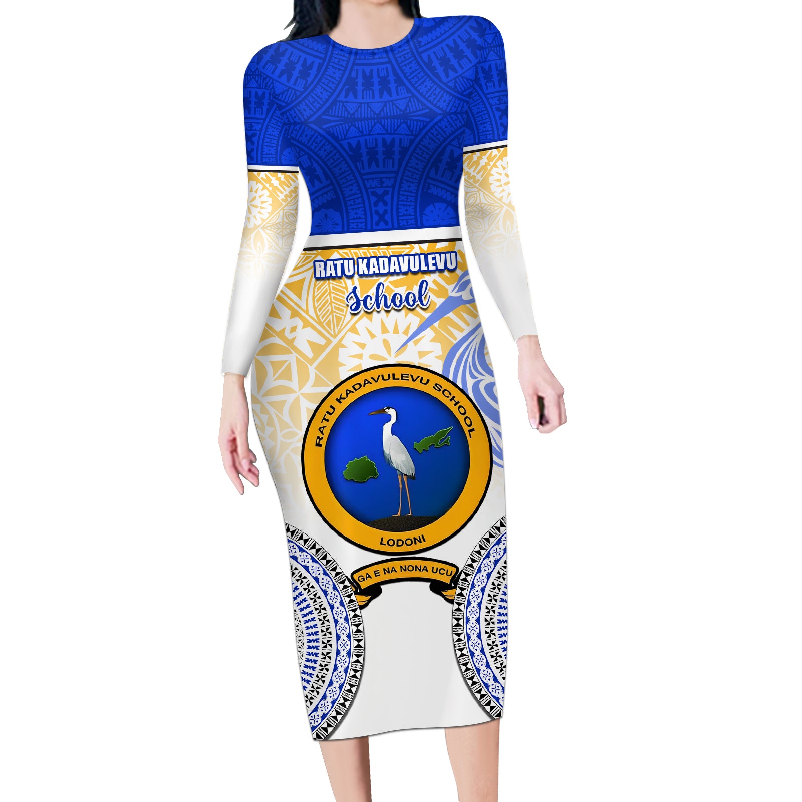 Personalized Ratu Kadavulevu School Long Sleeve Bodycon Dress With Fijian Tapa Pattern LT05 Long Dress Blue - Polynesian Pride