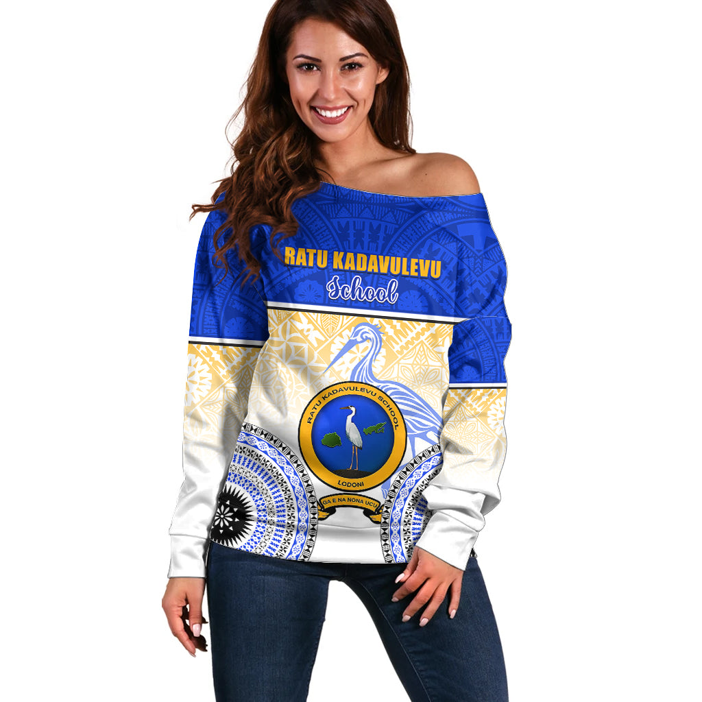 Personalized Ratu Kadavulevu School Off Shoulder Sweater With Fijian Tapa Pattern LT05 Women Blue - Polynesian Pride