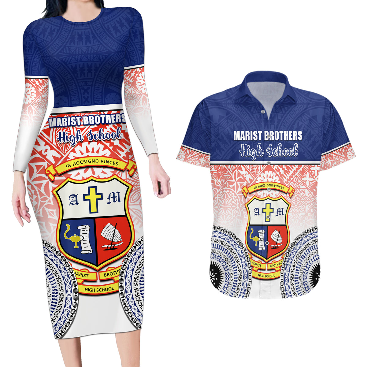 personalized-marist-brothers-high-school-couples-matching-long-sleeve-bodycon-dress-and-hawaiian-shirt-with-fijian-tapa-pattern