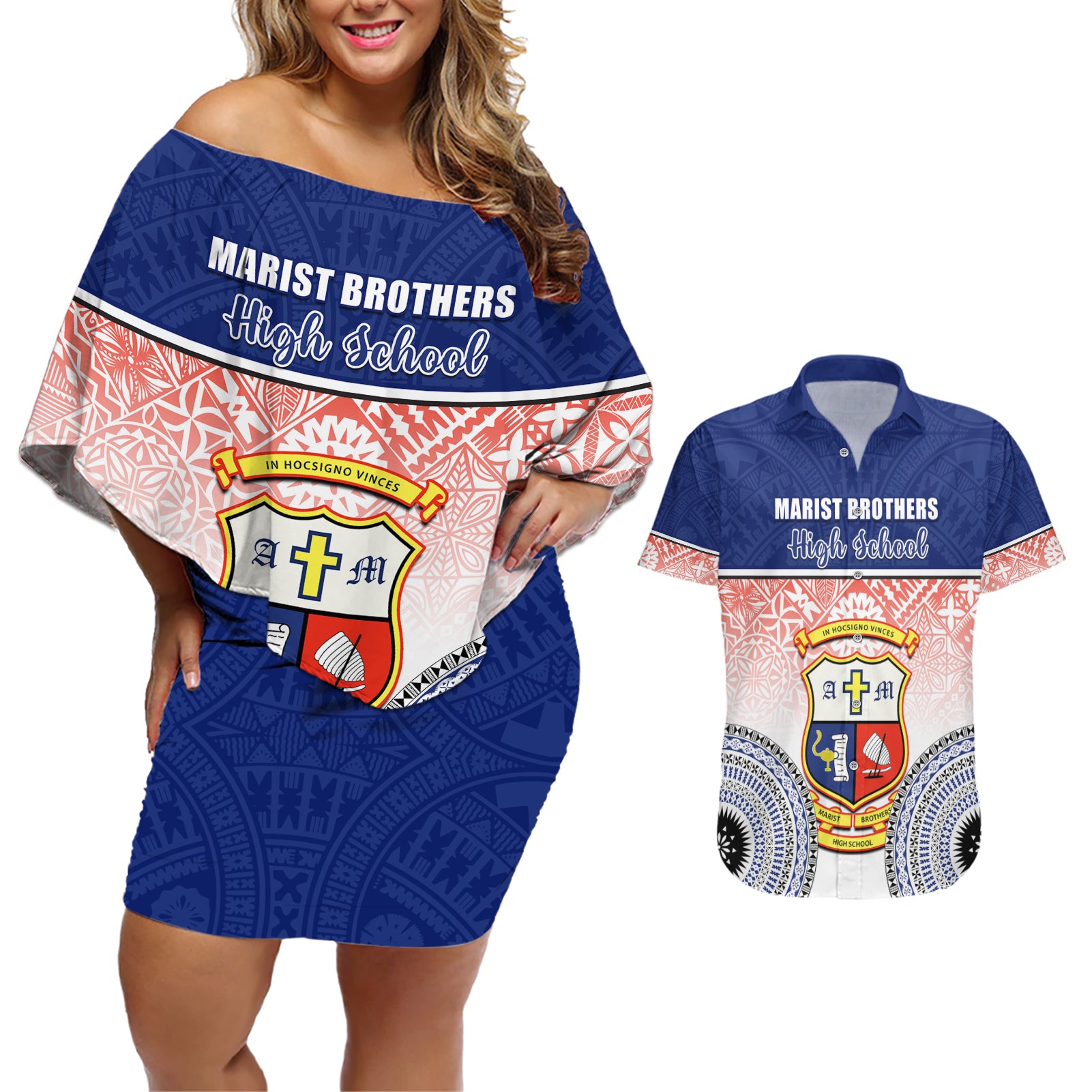 personalized-marist-brothers-high-school-couples-matching-off-shoulder-short-dress-and-hawaiian-shirt-with-fijian-tapa-pattern