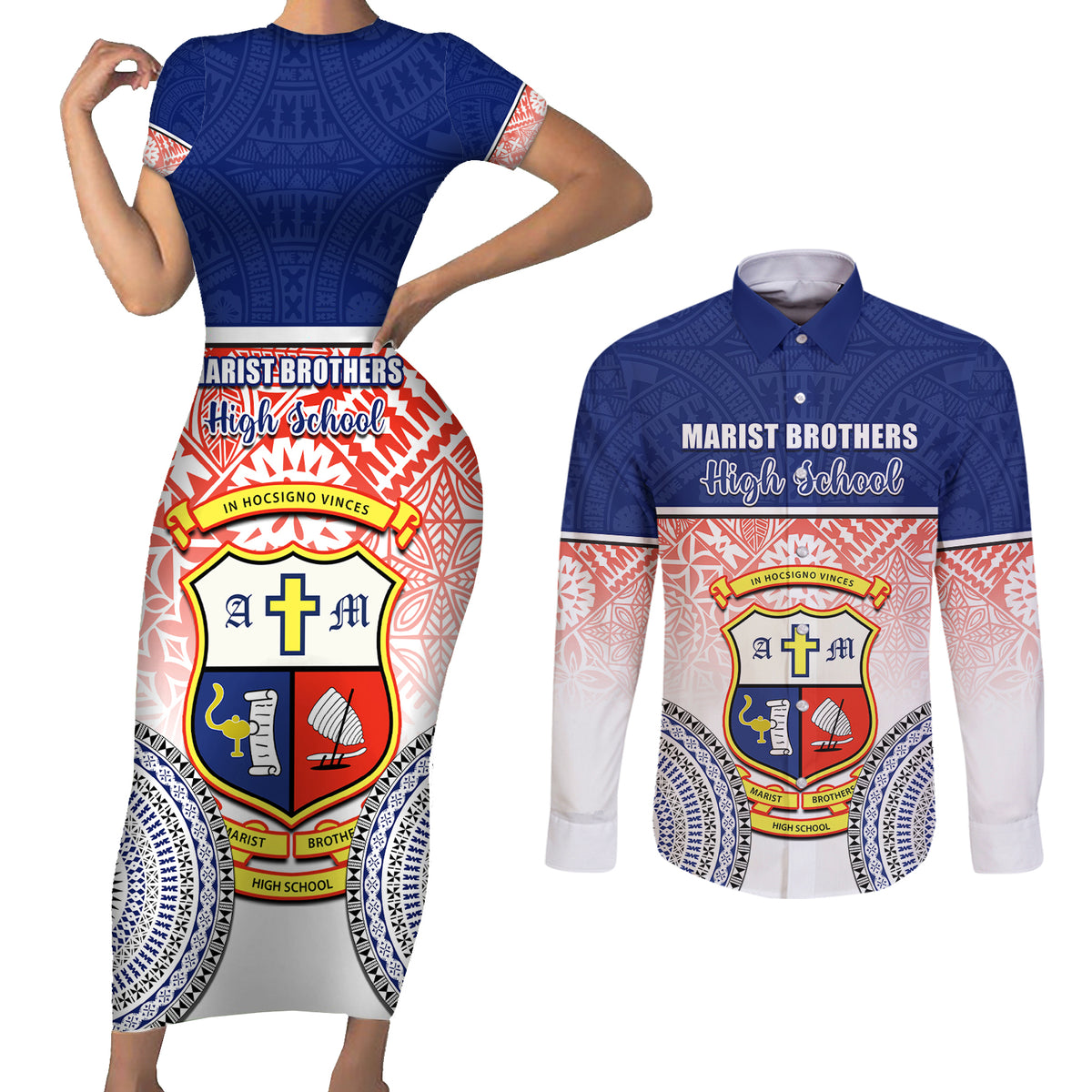 personalized-marist-brothers-high-school-couples-matching-short-sleeve-bodycon-dress-and-long-sleeve-button-shirts-with-fijian-tapa-pattern