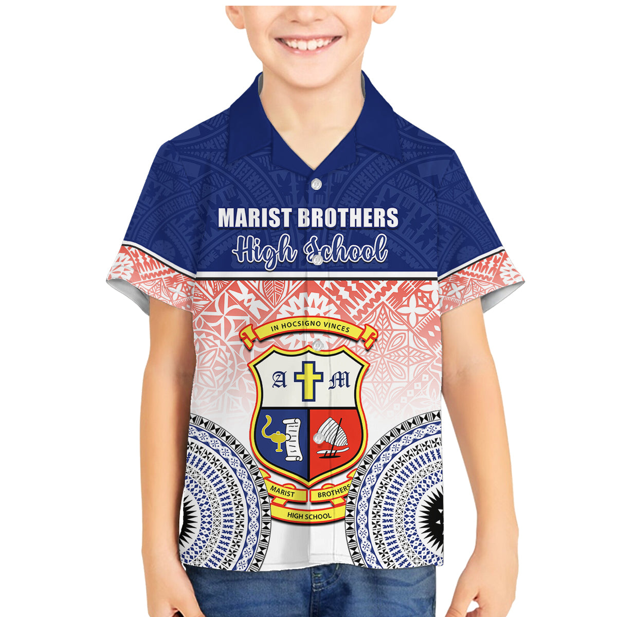 Personalized Marist Brothers High School Family Matching Mermaid Dress and Hawaiian Shirt With Fijian Tapa Pattern LT05 Son's Shirt Blue - Polynesian Pride
