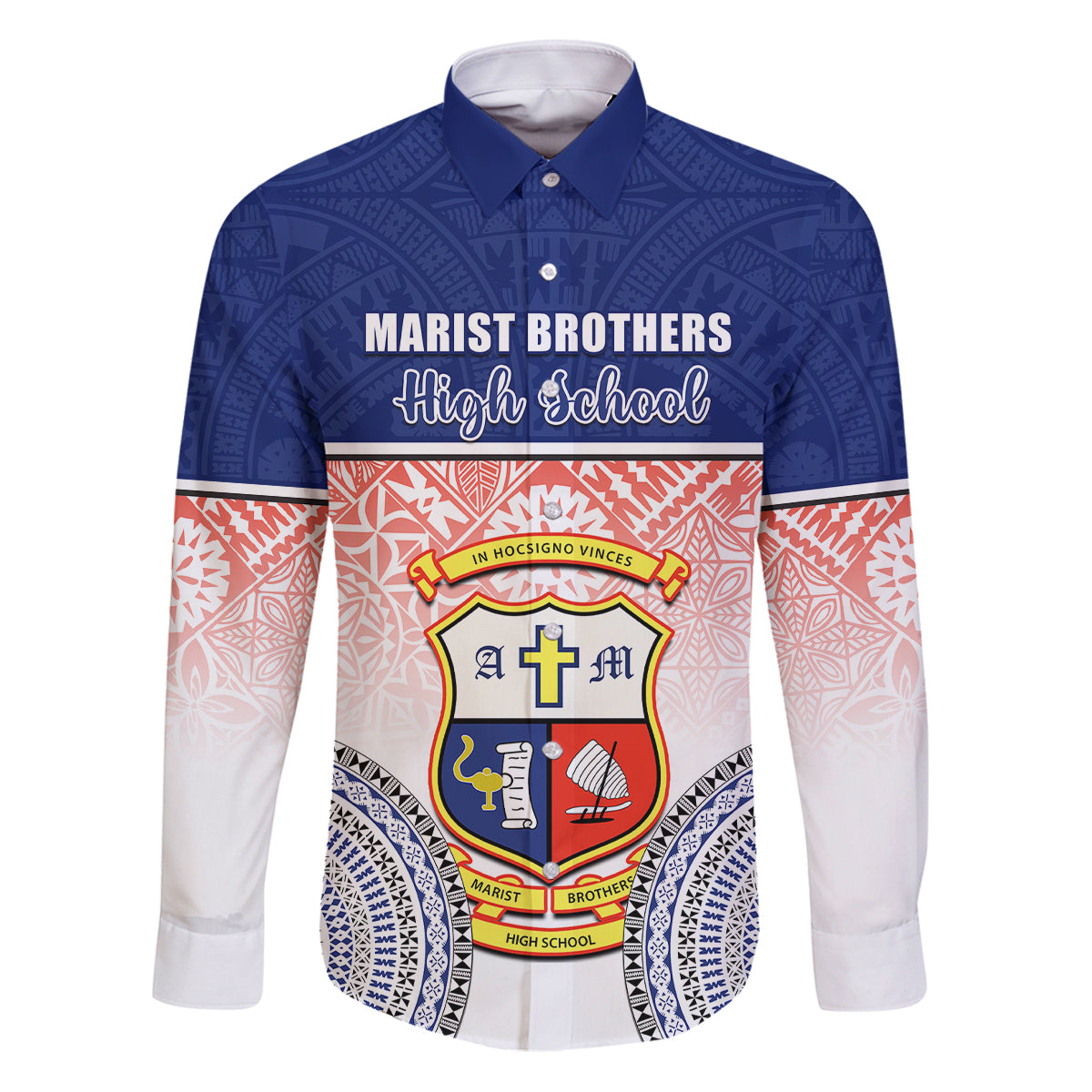 Personalized Marist Brothers High School Family Matching Puletasi Dress and Hawaiian Shirt With Fijian Tapa Pattern LT05 Dad's Shirt - Long Sleeve Blue - Polynesian Pride