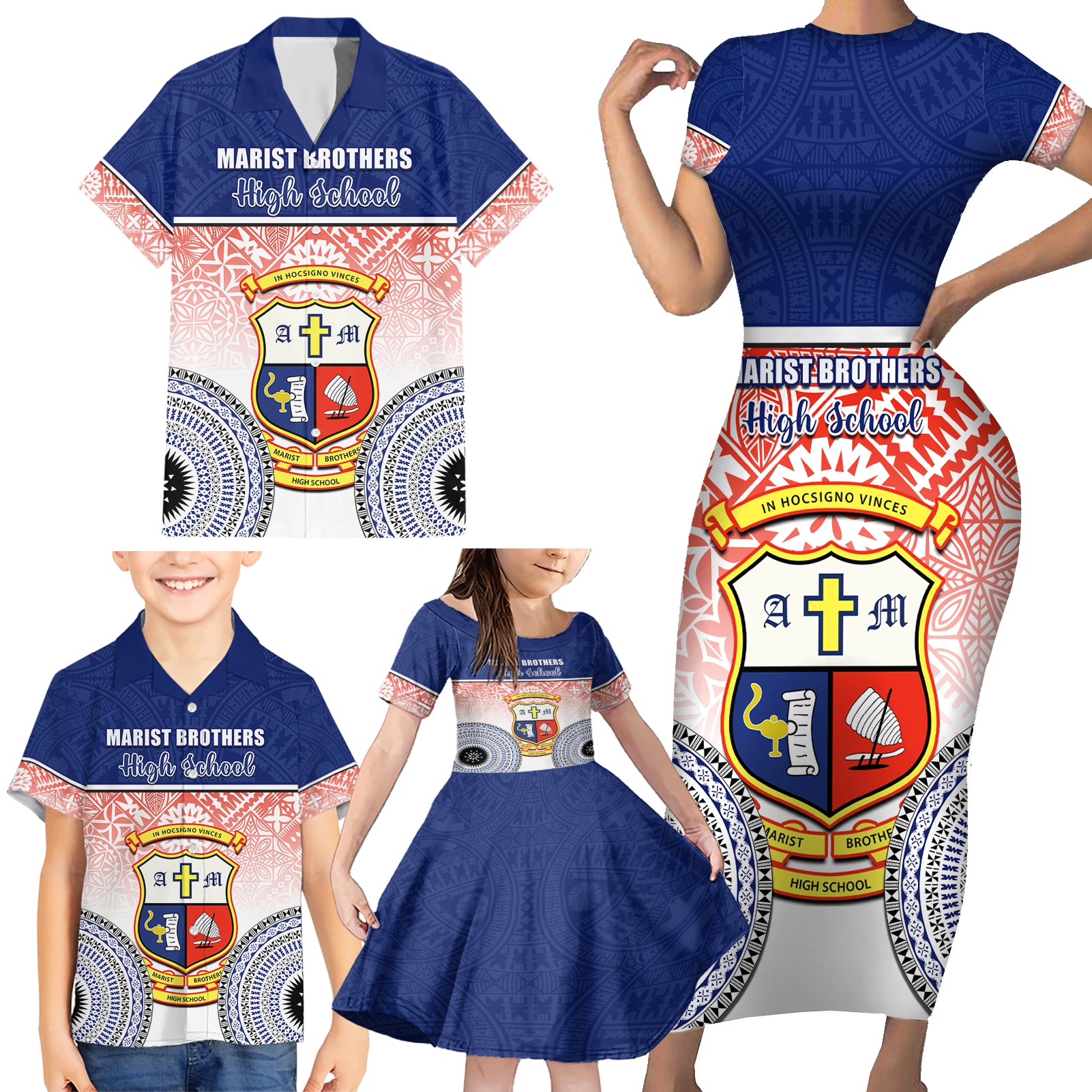 Personalized Marist Brothers High School Family Matching Short Sleeve Bodycon Dress and Hawaiian Shirt With Fijian Tapa Pattern LT05 - Polynesian Pride