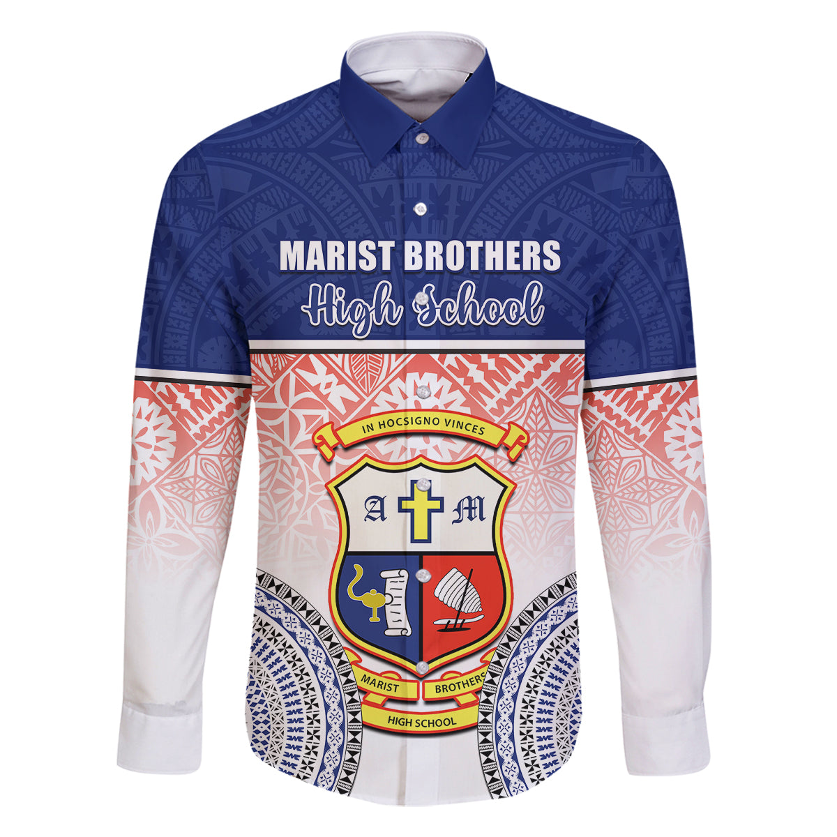 Personalized Marist Brothers High School Family Matching Summer Maxi Dress and Hawaiian Shirt With Fijian Tapa Pattern LT05 Dad's Shirt - Long Sleeve Blue - Polynesian Pride